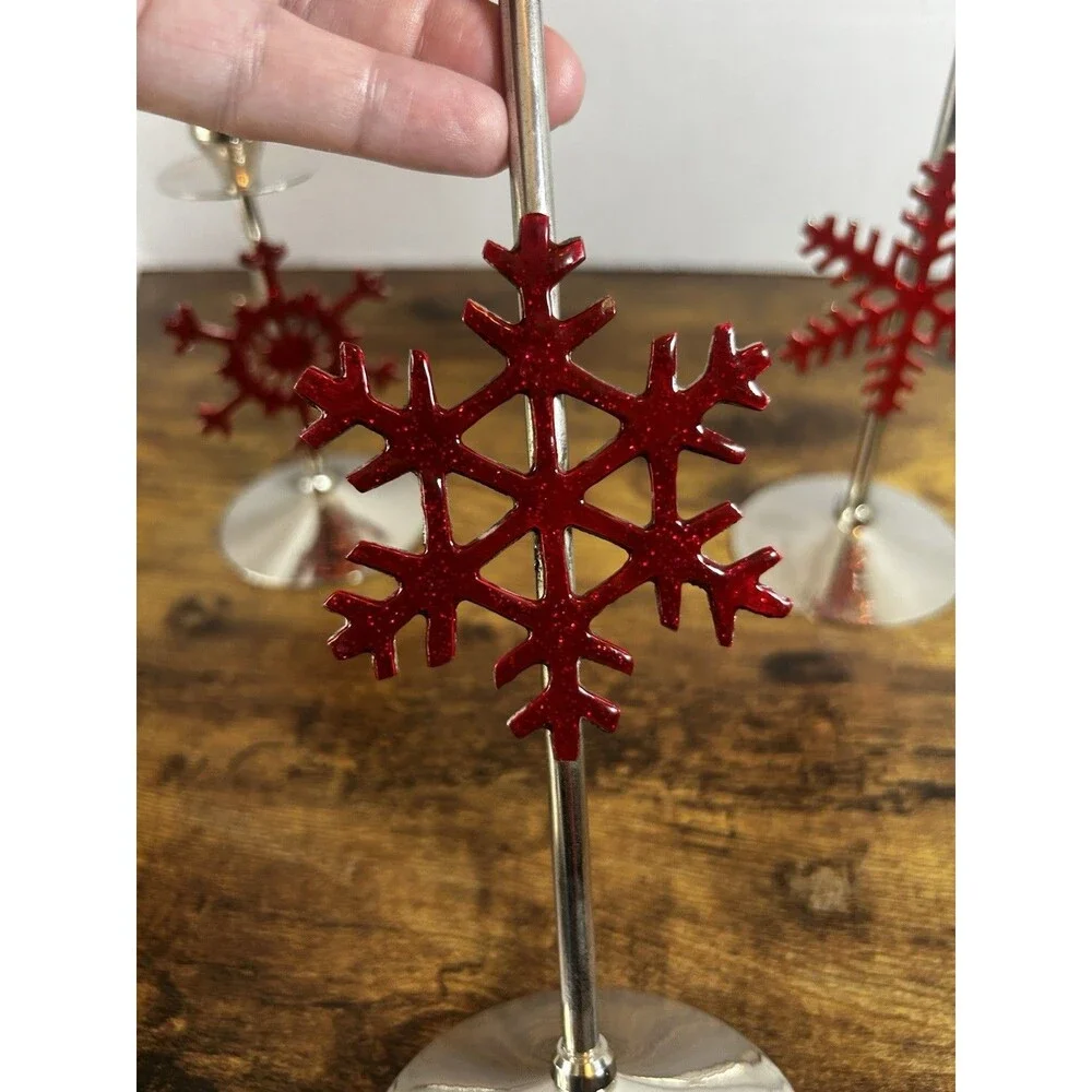International Silver Red Snowflake Candle Holders Set 3 Christmas Holiday Decor